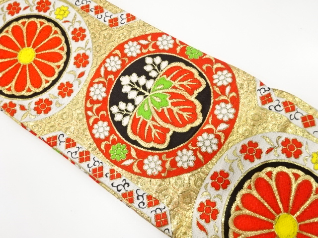 JAPANESE KIMONO / ANTIQUE OBI FOR KIDS / WOVEN FLOWER ROUNDEL